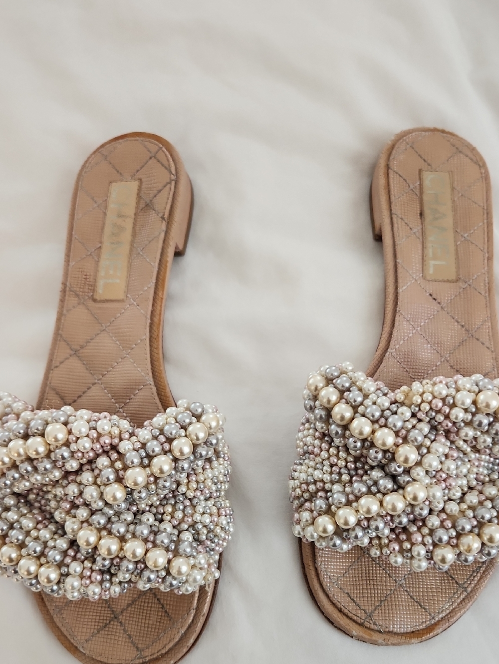 CHANEL Nude Multi-Pearl Embellished Slide Sandals